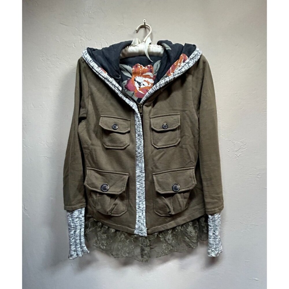 Scrapbook Women's Lace Trim Hooded Jacket Large Army Green Zip Up Floral Lined